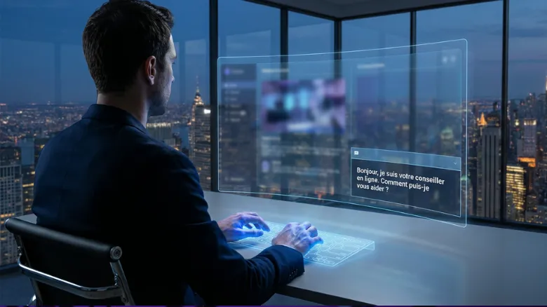 Un homme discutant avec un agent IA sur un site Web
