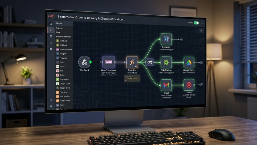 Illustration d'un workflow n8n automatisant le e-commerce