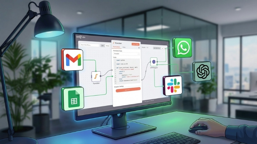 Interface technique de n8n montrant du code Python et des conteneurs Docker